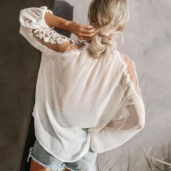 Boho White Lace Cut Out Mesh Off Shoulder Flowy Long Puff Sleeve Top Blouse - Picture 4 of 6